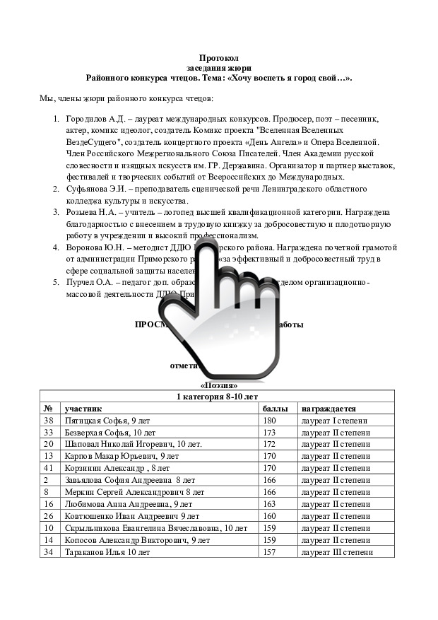 Протокол заседания жюри районного конкурса чтецов «Хочу воспеть я город свой» 